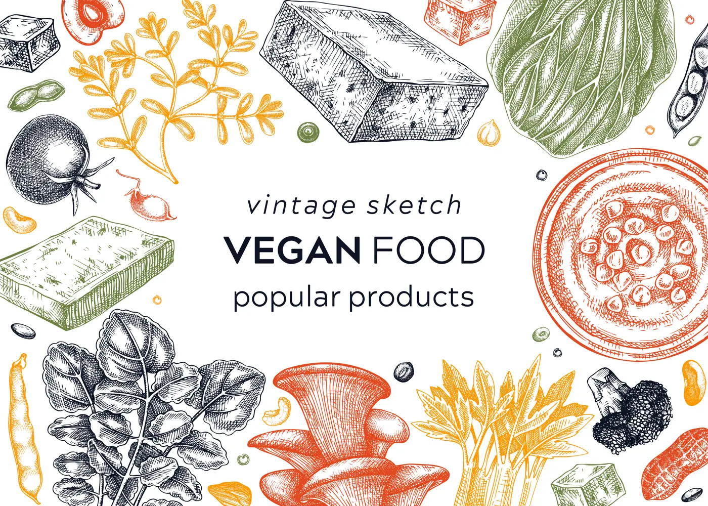 Vegan food sketched frame. Healthy food banner template. Middle eastern cuisine background. Hand-drawn vegan meals and ingredients for menu, recipe, and packaging design. Vegan food sketches in color Illustration